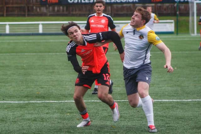 Zack Tomany, left, in action for Gala Fairydean Rovers during their 1-1 draw at home to Berwick Rangers on Saturday at Netherdale Stadium (Photo: Gala Fairydean Rovers)