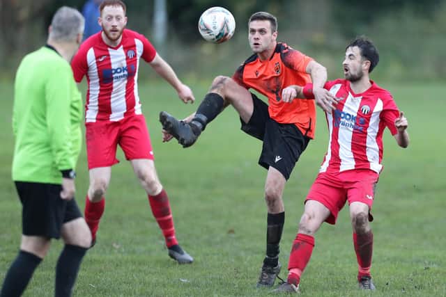 Nathan Gillie on the ball during Hawick United's 4-2 Border Amateur Football Association B division win at Kelso Thistle on Saturday (Photo: Brian Sutherland)