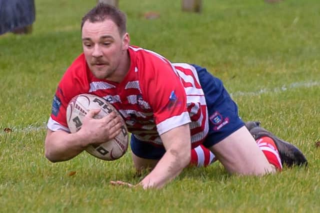 Peebles head coach Ian Chisholm scoring one of his two tries against Preston Lodge at the Gytes on Saturday (Pic: Stephen Mathison)