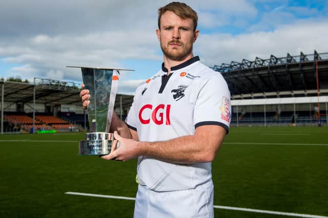 Southern Knights vice-captain Grant Sheills with the Fosroc Super6 trophy at the DAM Health Stadium in Edinburgh ahead of Sunday's final there (Photo: Ross Parker/SNS Group/SRU)