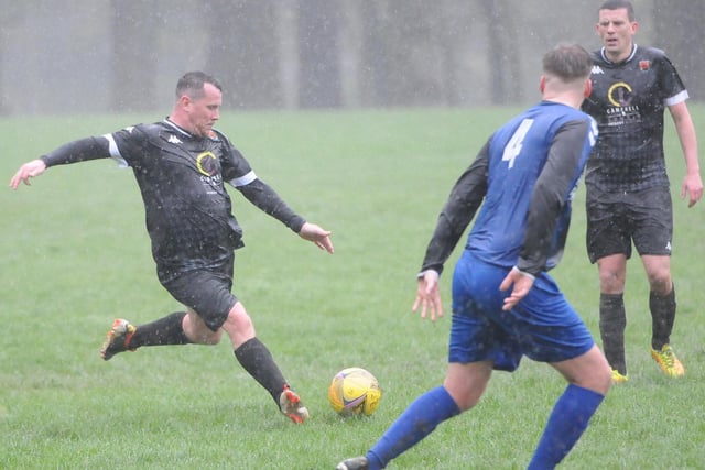 Kevin Strathdee lining up a shot during Hawick United's 11-1 win at home at Wilton Lodge Park on Saturday to Coldstream Amateurs in the Border Amateur Football Association's B division (Photo: Grant Kinghorn)