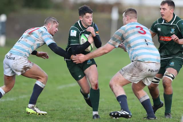 Kirk Ford on the ball during Hawick's 26-16 win at home at Mansfield Park to Edinburgh Academical on Saturday in rugby's Scottish Premiership (Photo: Brian Sutherland)