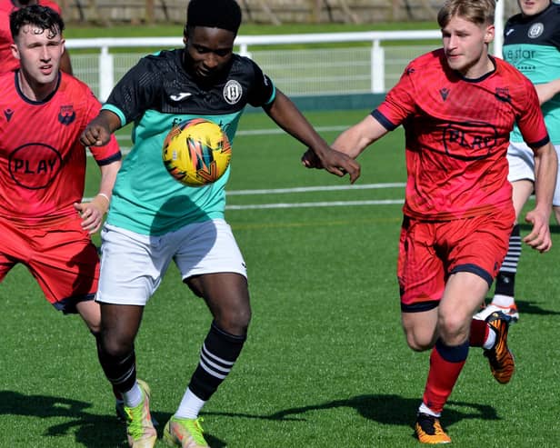 Gospel Ocholi on the ball during Gala Fairydean Rovers' 3-0 loss at home at Netherdale on Saturday to Caledonian Braves in the Scottish Lowland Football League (Photo: Alwyn Johnston)