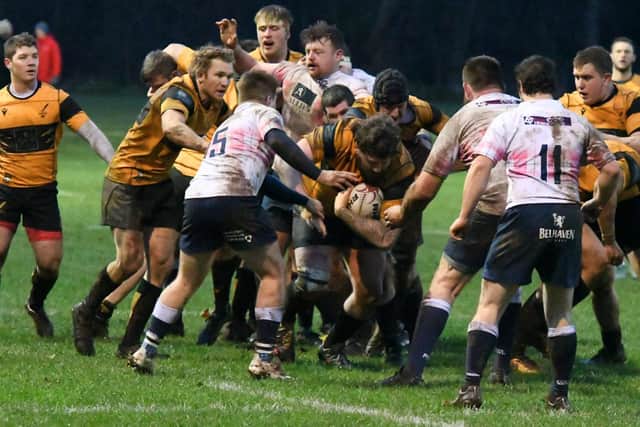 Selkirk and Currie Chieftains vying for possession at Malleny Park (Photo: Ian Gidney)