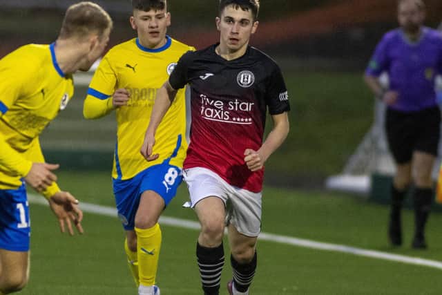 Defender Quinn Mitchell on the ball for Gala Fairydean Rovers against Cumbernauld Colts on Saturday (Pic: Thomas Brown)