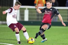 Allan Smith getting a tackle in for Gala Fairydean Rovers during their 6-1 loss at home to Linlithgow Rose at Galashiels' Netherdale Stadium on Saturday (Photo: Brian Sutherland)