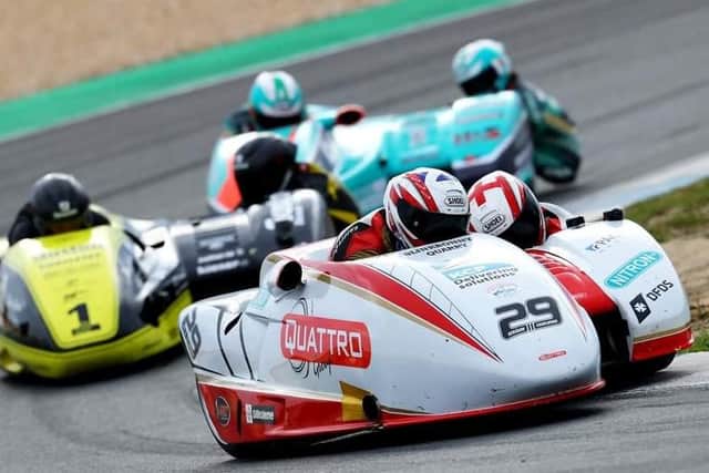 Steve Kershaw and Ryan Charlwood in sidecar action at Estoril in Portugal (Pic: Mark Walters)