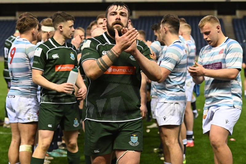 Hawick captain Shawn Muir applauding visiting fans after the Greens' 32-29 Scottish cup final win against Edinburgh Academical at the capital's Murrayfield Stadium on Saturday (Photo: Paul Devlin/SNS Group/SRU)