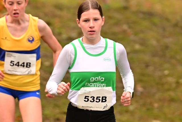 Gala Harriers under-15 Kacie Brown clocking 12:07.1 for their girls' C team at Saturday's national cross-country relays at Cumbernauld