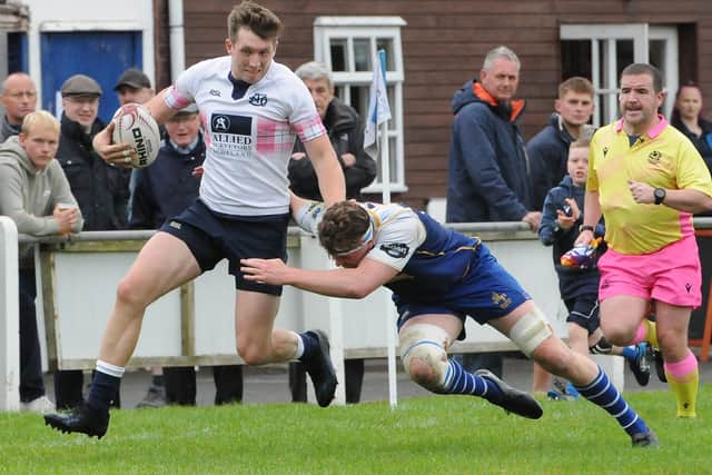 Josh Welsh on the attack for Selkirk as they beat Jed-Forest 65-35 at home at Philiphaugh on Saturday (Photo: Grant Kinghorn)