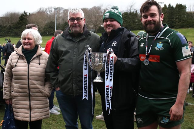 Hawick captain Shawn Muir and coach Gary Muir with their dad, also Gary, and grandmother Mamie