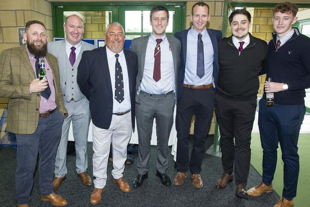 Robert Hogarth, Gary Cleghorn, Murray Playfair, Robbin McKinlay, Luke McKinlay, Andrew Haig and David Hogarth at Kelso Cricket Club's bicentenary dinner