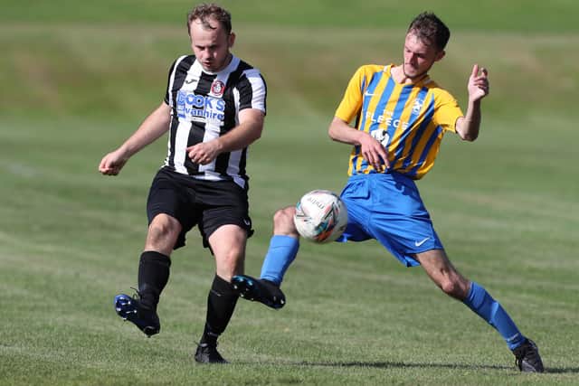 Kelso Thistle and Lauder vying for possession during the former's 4-2 home win in the Border Amateur Football Association's B division on Saturday (Photo: Brian Sutherland)