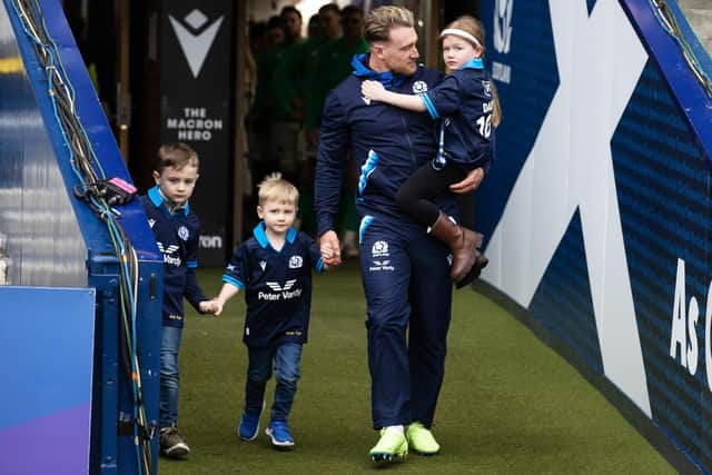 Hawick's Stuart Hogg taking to the pitch with daughter Olivia and sons Archie and George ahead of Scotland's 22-7 Six Nations loss to Ireland at Edinburgh's Murrayfield Stadium on Sunday (Photo by Craig Williamson/SNS Group/SRU)