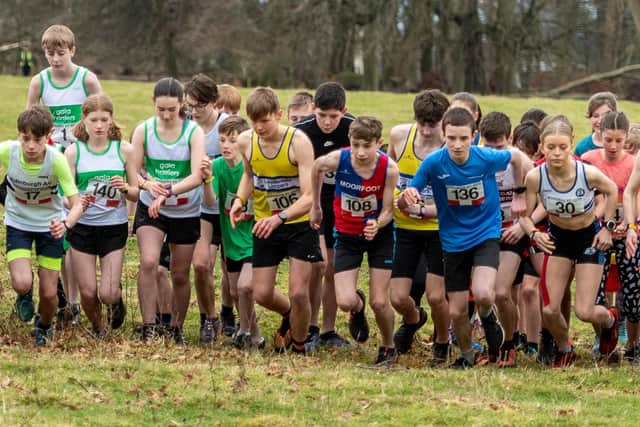 Competitors at the start-line for this year's junior Borders Cross-Country Series race at Duns on Sunday (Pic: Mark Kinghorn)