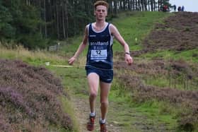 Scotland's Freddie Carcas winning the under-20 men's race the last time the home countries hill-running junior international was held at Cademuir Hill, in 2017 (Pic: Woodentops)