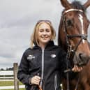 Racehorse trainer Katie Scott with her Ayr winner Thaki at her Lindean stables near Selkirk (Pic: Brian Sutherland)