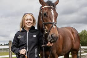 Racehorse trainer Katie Scott with her Ayr winner Thaki at her Lindean stables near Selkirk (Pic: Brian Sutherland)