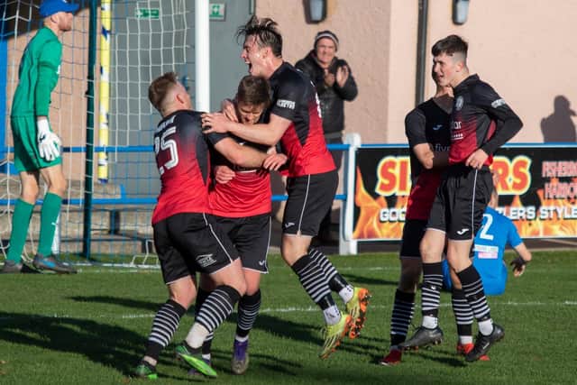 Gala Fairydean Rovers players celebrating the Marc Berry goal they were hoping would prove to be a match-winner (Photo: Thomas Brown)