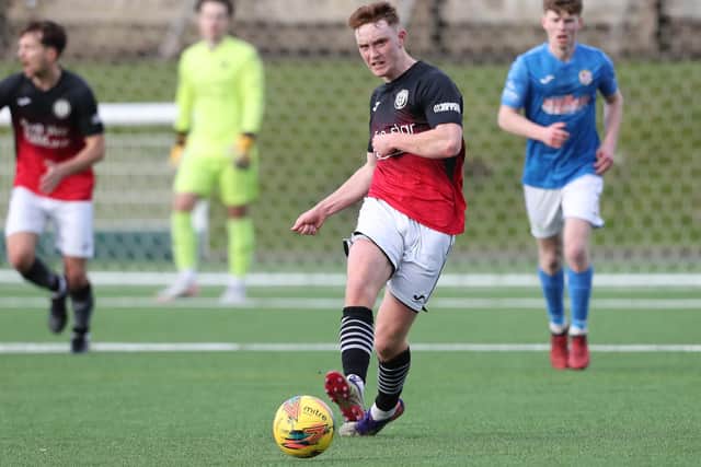 Ethan Dougal on the ball during Gala Fairydean Rovers' 2-1 loss at home at Netherdale to Cowdenbeath on Saturday (Photo: Brian Sutherland)