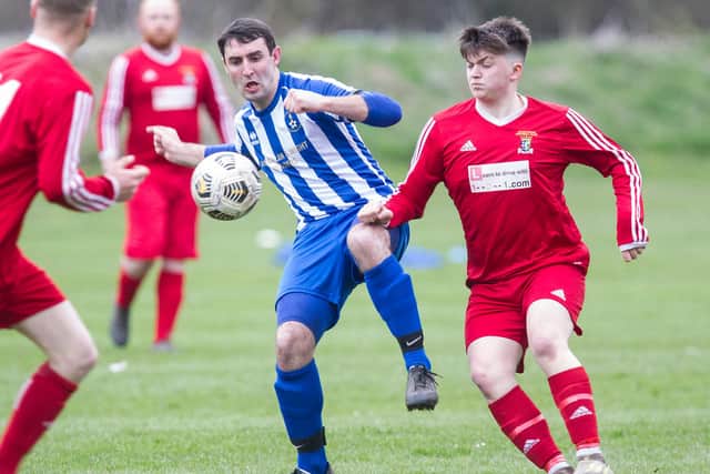 Captain Steven Drummond on the ball for Jed Legion during their 2-0 home win against Coldstream Amateurs last Friday night (Photo: Bill McBurnie)