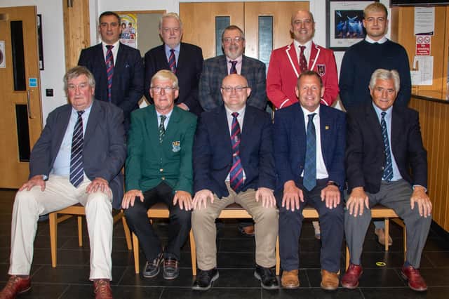 At Langholm Rugby Club's 150th anniversary dinner are, back from left, Rae Elliot, councillor Ronnie Tait, chairman Kenneth Pool, Bruce Aitchison and captain Nathan Smith, with, front, Ian Barnes, Ian Landles, club president Dougie Beattie, Scottish Rugby Union president Ian Barr and Andy Irvine