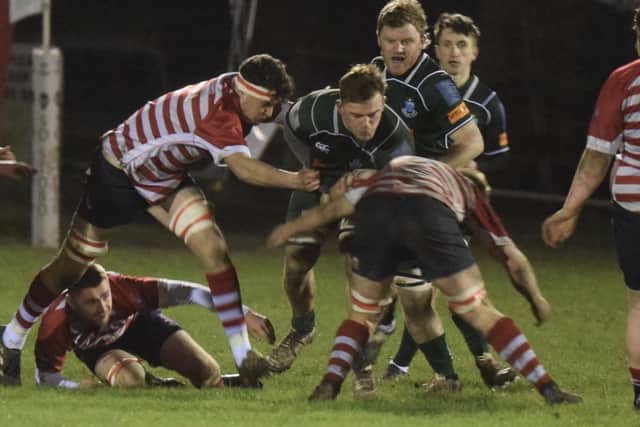 Jae Linton on the ball, with Dan Brooker and Deaglan Lightfoot supporting, during Hawick's 38-7 Border League win away to Peebles at the Gytes on Friday (Photo: Malcolm Grant)