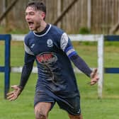 Kyle Kivlichan, pictured celebrating scoring one of his three goals for Vale of Leithen as they beat upcoming East of Scotland Football League second division south-east conference opponents Edinburgh United 3-0 at home at Victoria Park in Innerleithen in April, notched up another hat-trick away to Mid Annandale on Saturday (Photo: Hilary Isaac)