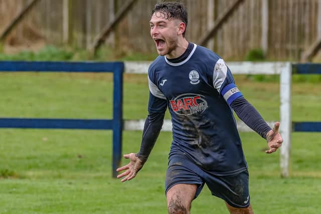 Kyle Kivlichan, pictured celebrating scoring one of his three goals for Vale of Leithen as they beat upcoming East of Scotland Football League second division south-east conference opponents Edinburgh United 3-0 at home at Victoria Park in Innerleithen in April, notched up another hat-trick away to Mid Annandale on Saturday (Photo: Hilary Isaac)