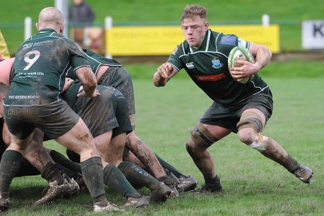 No 8 Jae Linton on the ball during Hawick's 16-3 Scottish cup semi-final win at home to Currie Chieftains at Mansfield Park on Saturday (Photo: Grant Kinghorn)
