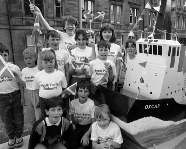 Children on the Forth Ports Authorty float (with OXCAR) take part in the Leith Pageant, which opens Leith Festival, in June 1987  Pic: Stan Warburton