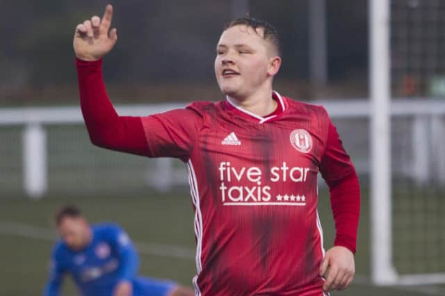 Scott-Taylor Mackenzie celebrating scoring for Gala Fairydean Rovers against his old side Kelty Hearts in November 2020 (Photo: Bill McBurnie)
