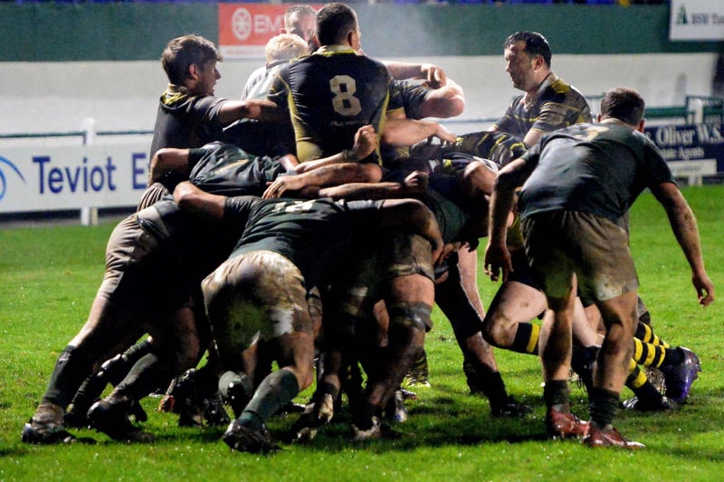 A scrum being sorted during Hawick's 20-7 Border League win at home to Melrose on Friday (Photo: Alwyn Johnston)