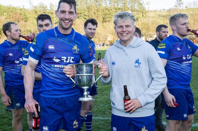 Jed-Forest players celebrating at Langholm Sevens on Saturday (Photo: Bill McBurnie)