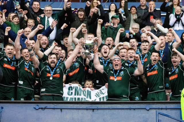 Hawick players celebrating winning rugby's Scottish cup for the first time since 2002 at Edinburgh's Murrayfield Stadium in May (Photo by Mark Scates/SNS Group)