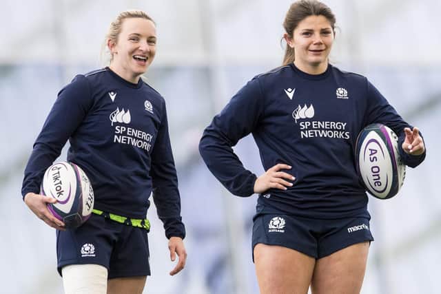 Jedburgh's Chloe Rollie, left, and Hawick's Lisa Thomson during a Scotland training session in Edinburgh in April (Photo by Ross Parker/SNS Group/SRU)