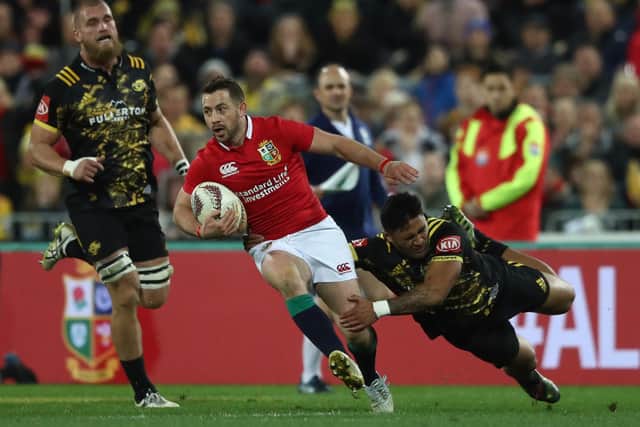 Greig Laidlaw being tackled by Vince Aso of the Hurricanes during the 2017 British and Irish Lions tour of New Zealand at the Westpac Stadium on June 27 in Wellington (Photo by David Rogers/Getty Images)