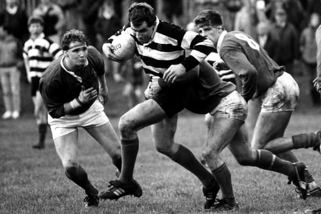 Clive Millar on the ball for Kelso pursued by Jed-Forest's Kevin Liddle and Ronnie Kirkpatrick in 1988 (Pic: Ian Rutherford)