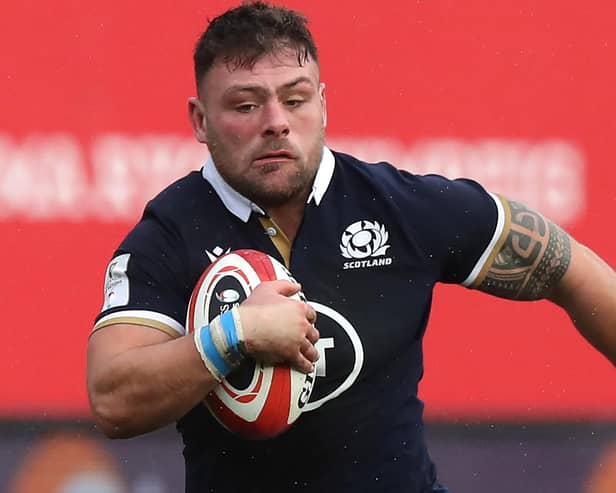 Rory Sutherland on the ball for Scotland against Wales on October 31, 2020, in Llanelli (Photo by David Rogers/Getty Images)