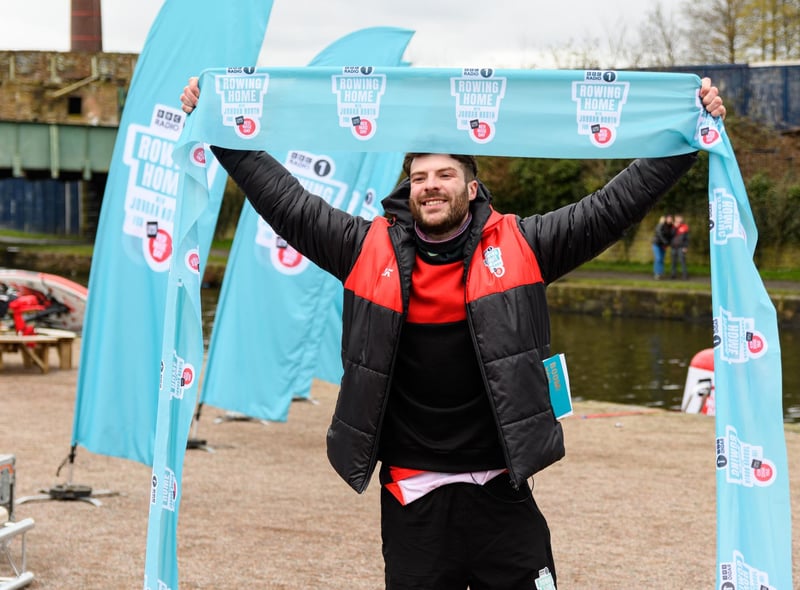Jordan North celebrates the end of his 100 mile rowing challenge in aid of Comic Relief. Photo: Kelvin Stuttard