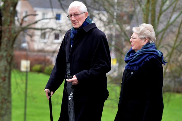 Former Scotland head coach Jim Telfer, left, arriving for Doddie Weir's memorial service on Monday at Melrose Parish Church