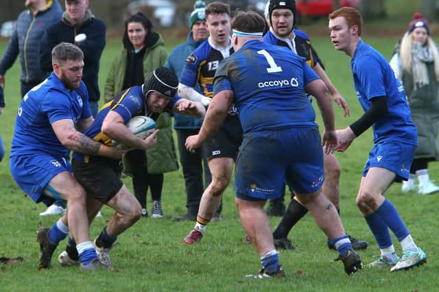 Hawick Linden getting a tackle in against Hawick Harlequins during their 28-10 derby defeat at their home-town's Wilton Lodge Park on Saturday (Photo: Steve Cox)