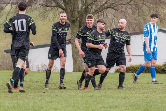 Hawick Legion celebrating one of their six goals against Earlston Rhymers in the Border Amateur Football Association's B division on Saturday (Pic: Jack Gillingham)