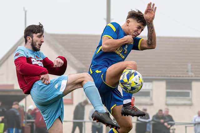 Eyemouth United Amateurs and St Boswells vying for possession on Saturday (Pic: Stuart Fenwick)
