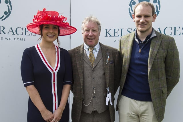 Kelso countrywear outfitter A Hume's Rachel and Fraser Thomson with dapper chap award winner Brian Cook, of Hawick, at Kelso Races on Sunday.