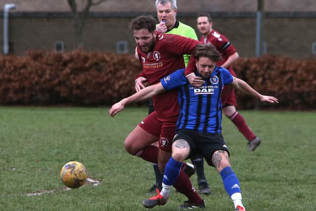 Langlee Amateurs’ Craig McBride being penalised for a foul against Duns Amateurs on Saturday (Pic: Steve Cox)