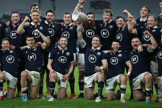 Scotland players including Hawick's Stuart Hogg and Rory Sutherland, third from right and far right at the front, celebrating after winning the Calcutta Cup at London's Twickenham Stadium on February 6 (Photo by David Rogers/Getty Images)