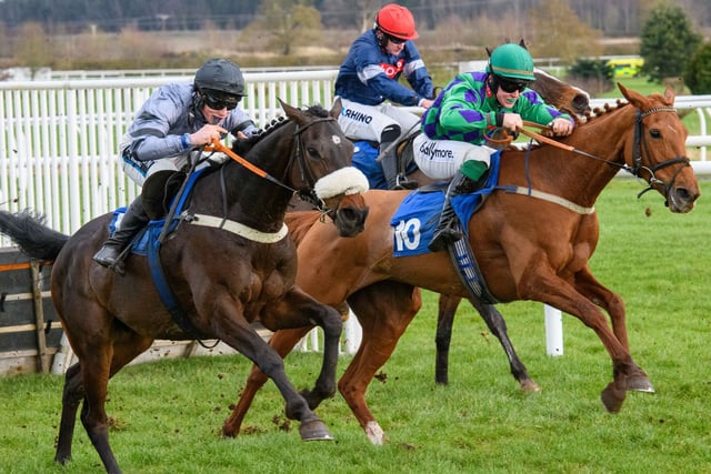 Hawick jockey Bruce Lynn on Eloi du Puy for Fife trainer Nick Alexander at Kelso on Friday, left, with Maimie's Magic and Dallas des Pictons (Pic: Alan Raeburn)