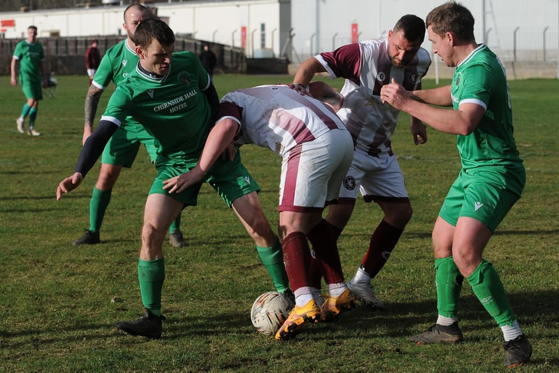 Langlee Amateurs beating Chirnside United 3-1 at Netherdale on Saturday in the Border Amateur Football Association's A division (Photo: Grant Kinghorn)