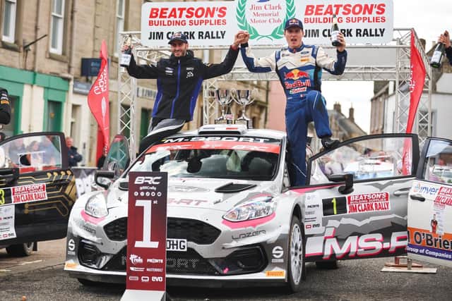 2023 Jim Clark Rally winner Adrien Fourmaux and co-driver Alex Coria celebrating in Duns town centre (Photo: British Rally Championship)